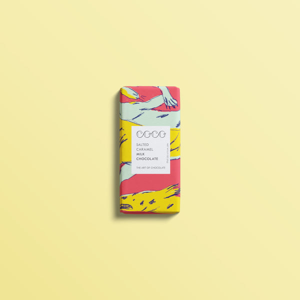 COCO Salted Caramel mini bar, front of pack on a pale yellow background