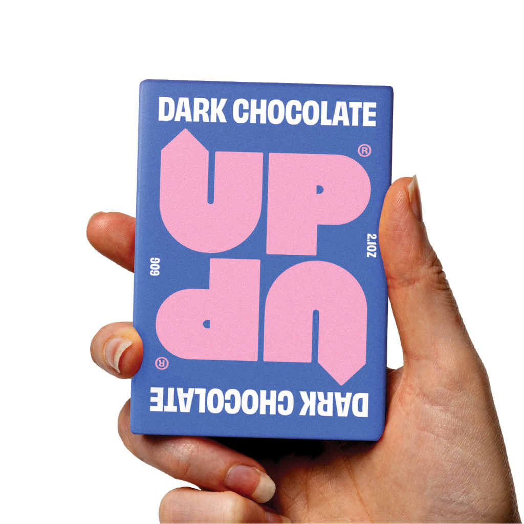 UP-UP Original Dark Chocolate 60g, bar held in hand