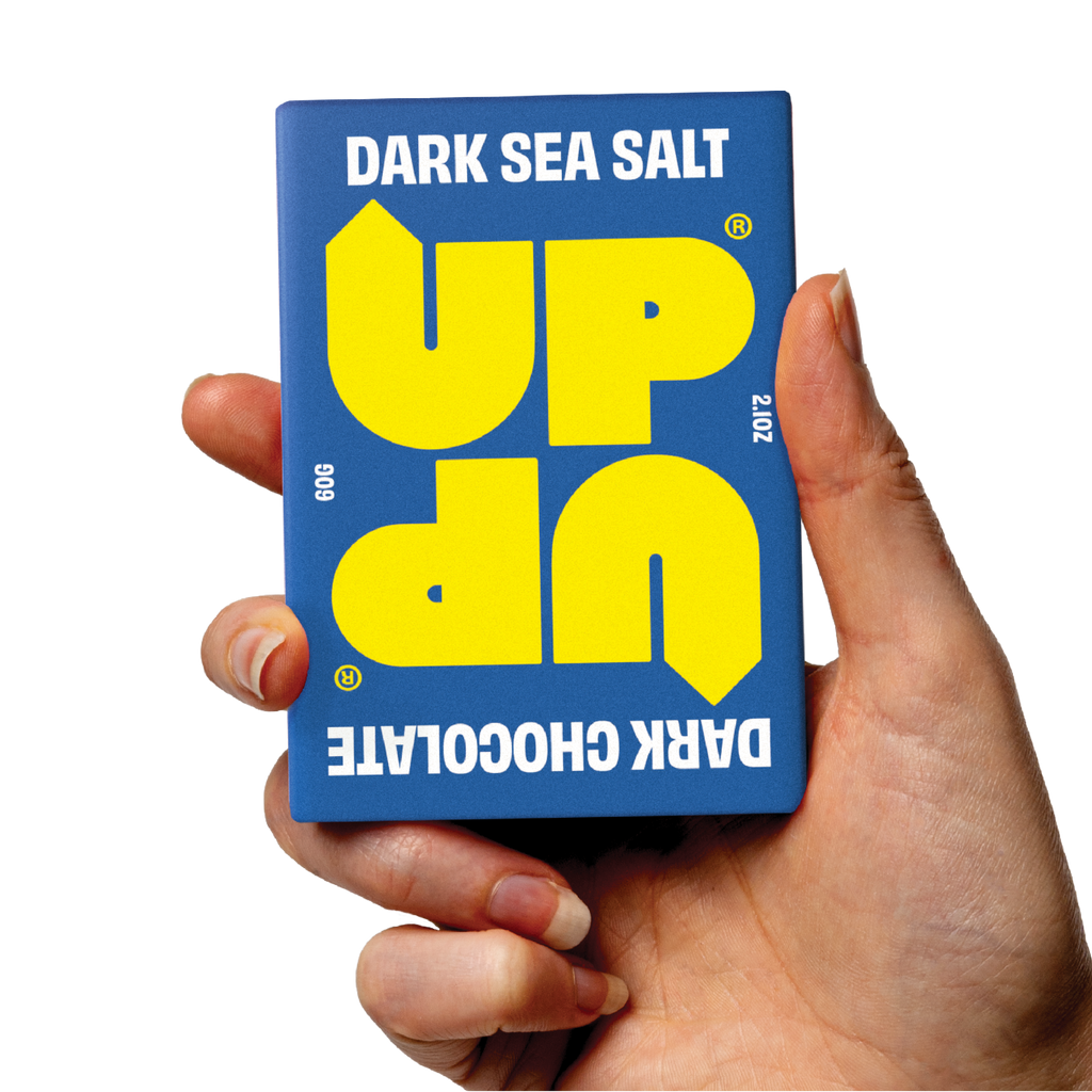 UP-UP Dark Sea Salt Dark Chocolate 60g, bar held in hand
