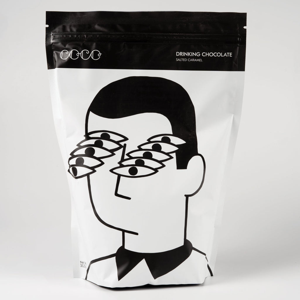 COCO Isle of Skye Salted Caramel Drinking Chocolate 1kg, close-up of pouch front