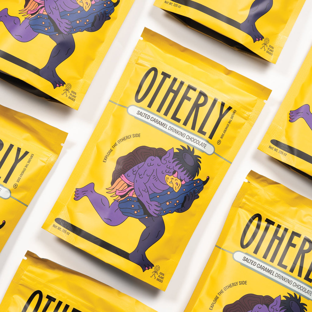 OTHERLY Salted Caramel Drinking Chocolate 200g, pouches laid out diagonally