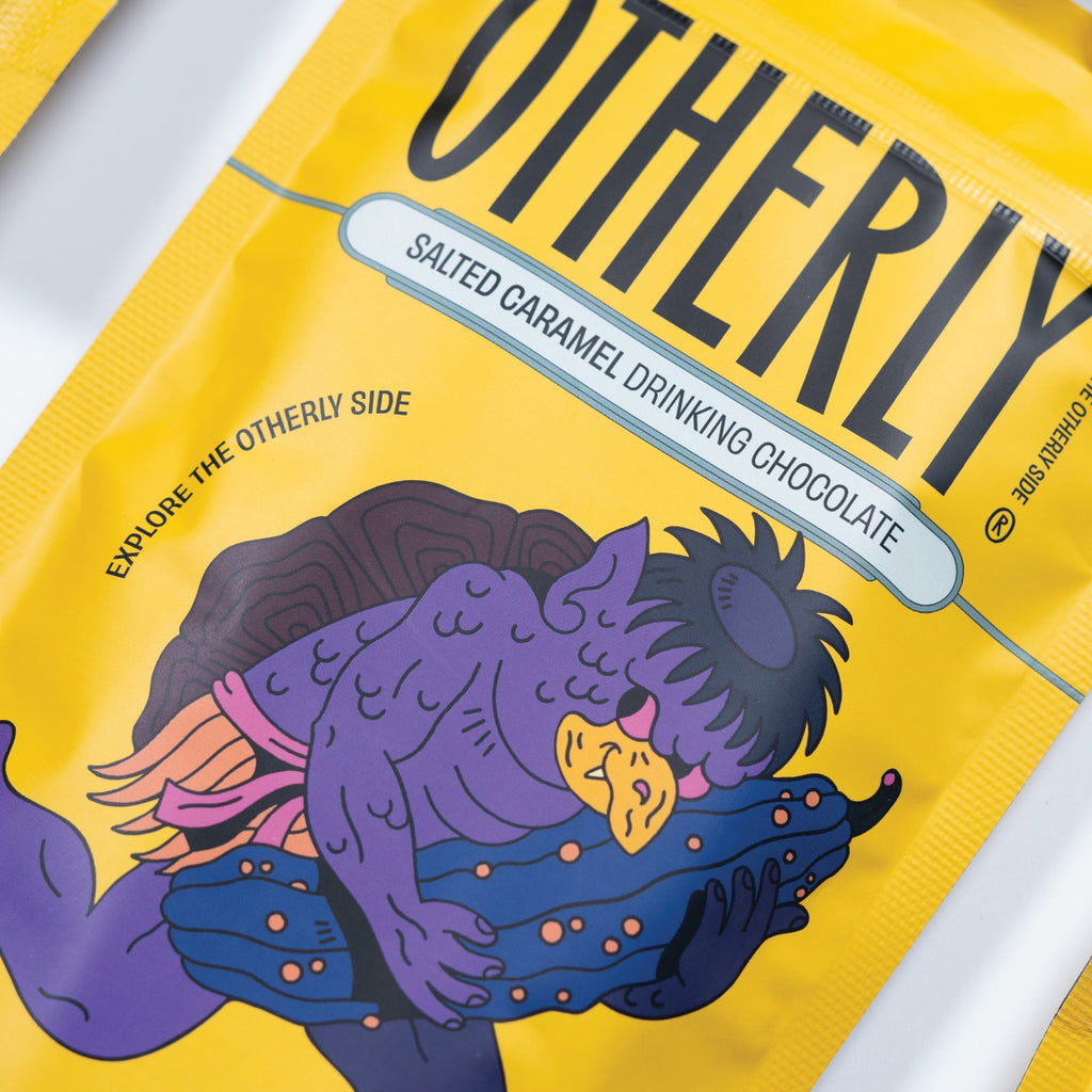 OTHERLY Salted Caramel Drinking Chocolate 200g, close-up of pouch illustration