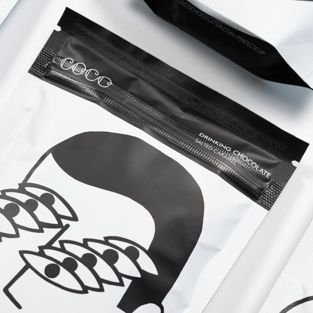 COCO Isle of Skye Salted Caramel Drinking Chocolate 200g, close-up of pouch front