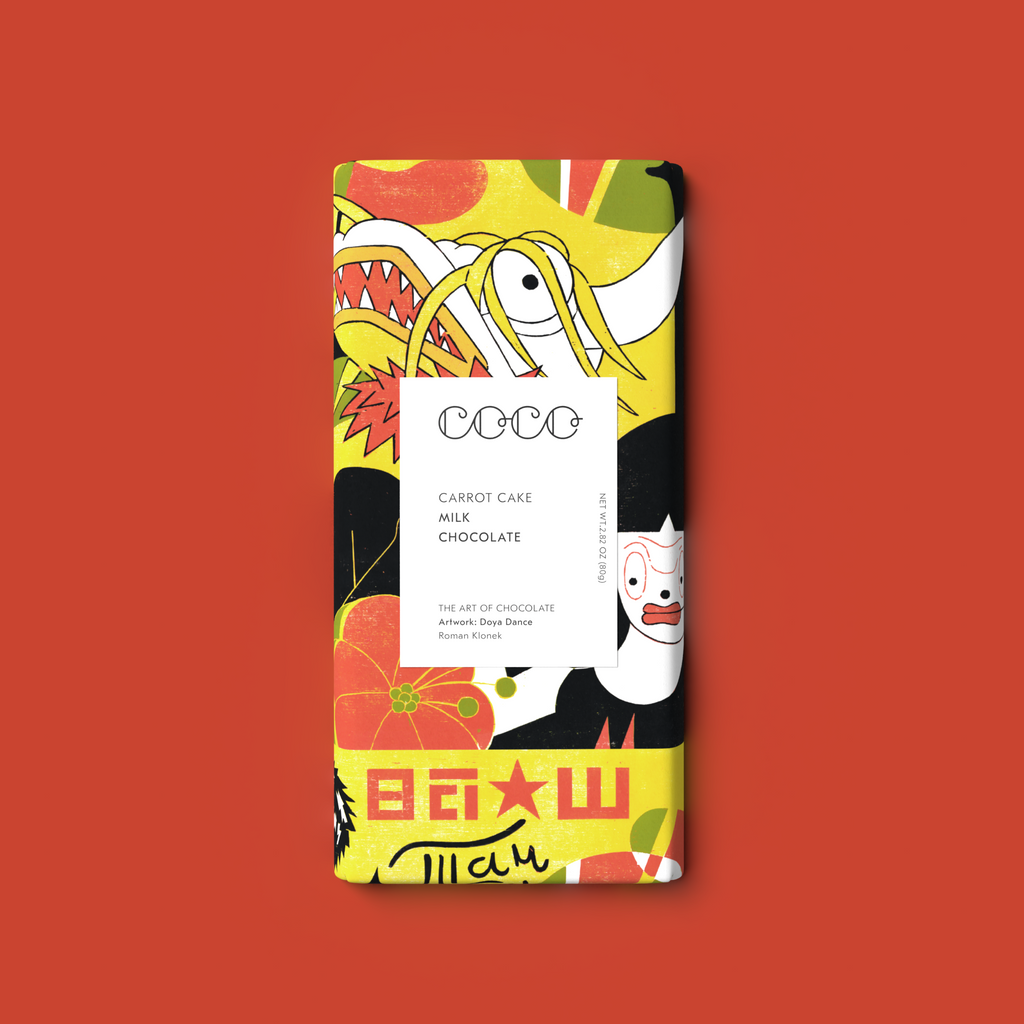 COCO Carrot Cake Milk Chocolate bar, front of pack on a red background