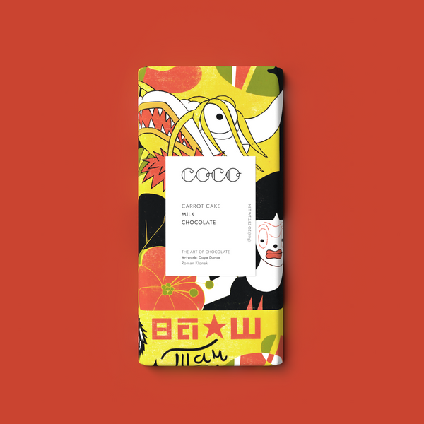 COCO Carrot Cake Milk Chocolate bar, front of pack on a red background