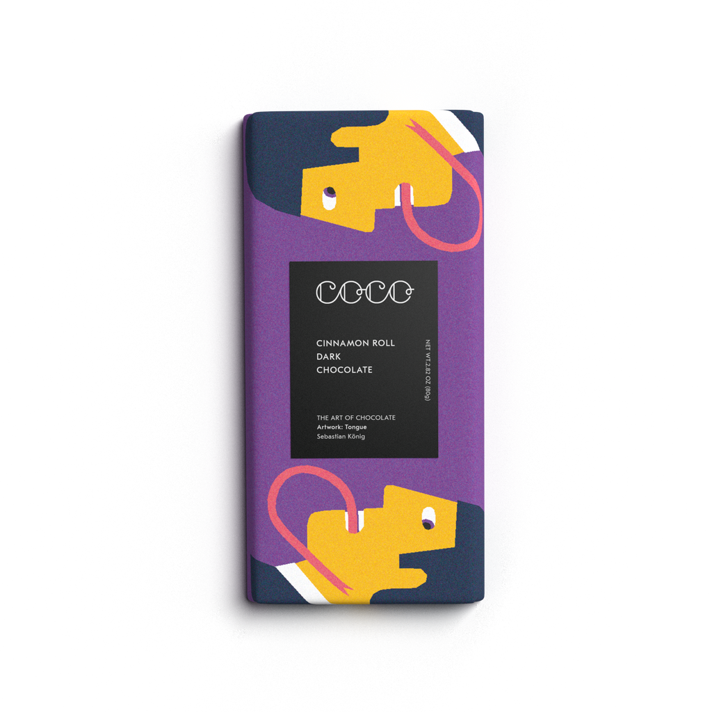 COCO Cinnamon Roll Dark Chocolate bar, front of pack