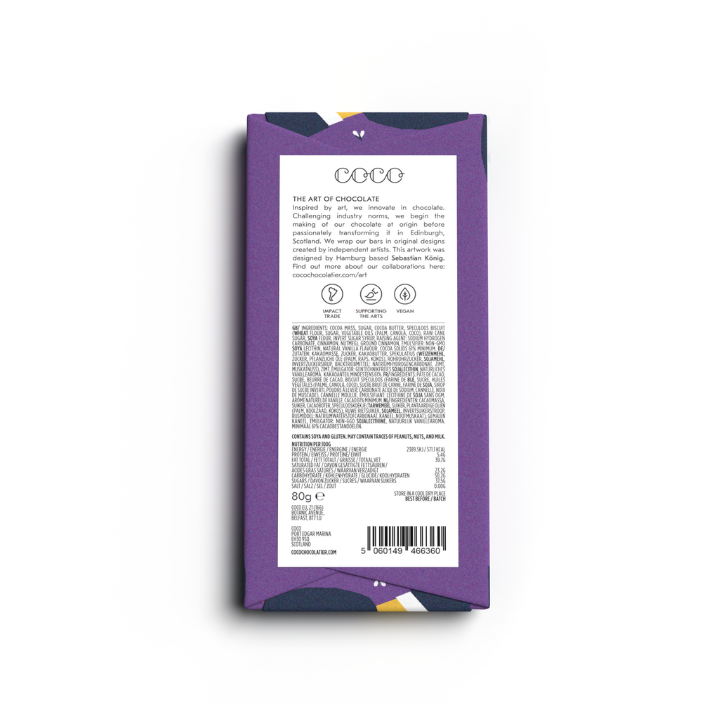 COCO Cinnamon Roll Dark Chocolate bar, back of pack with ingredients