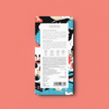 COCO Salted Caramel Dark Chocolate bar, back of pack on a coral background