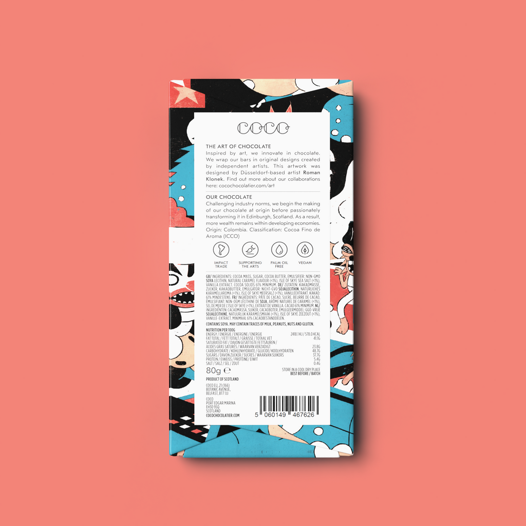 COCO Salted Caramel Dark Chocolate bar, back of pack on a coral background