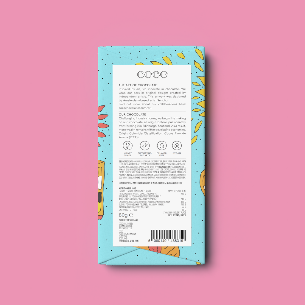 COCO Colombian Dark 61% Chocolate bar, back of pack on a pink background