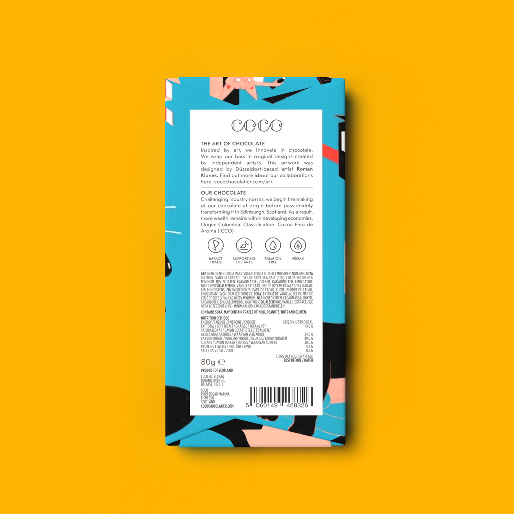 COCO Isle of Skye Sea Salt Dark Chocolate bar, back of pack on an orange background