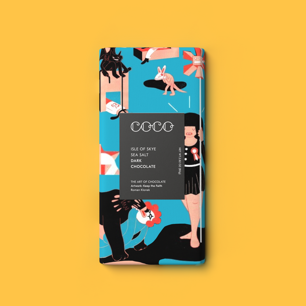 COCO Isle of Skye Sea Salt Dark Chocolate bar, front of pack on a yellow background
