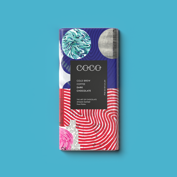 COCO Cold Brew Coffee Dark Chocolate bar, front of pack on a blue background