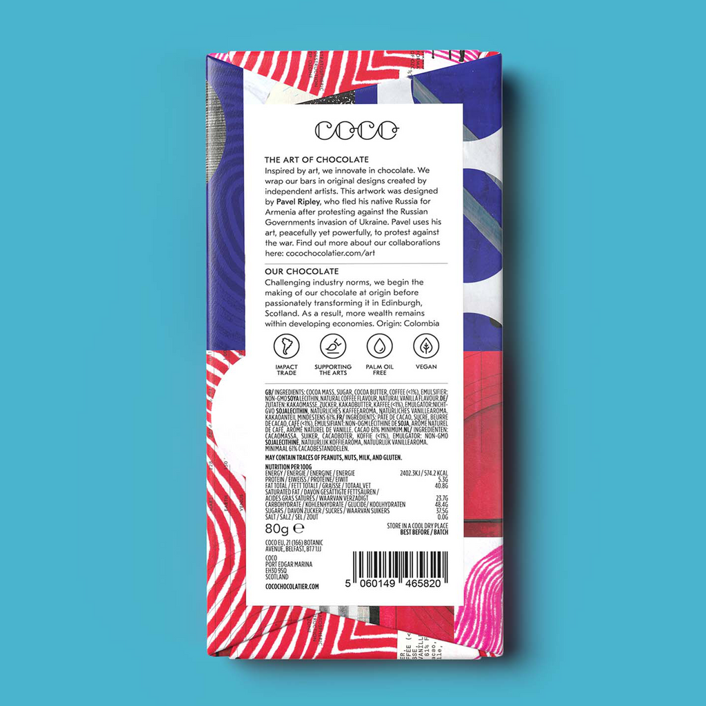 COCO Cold Brew Coffee Dark Chocolate bar, back of pack on a blue background
