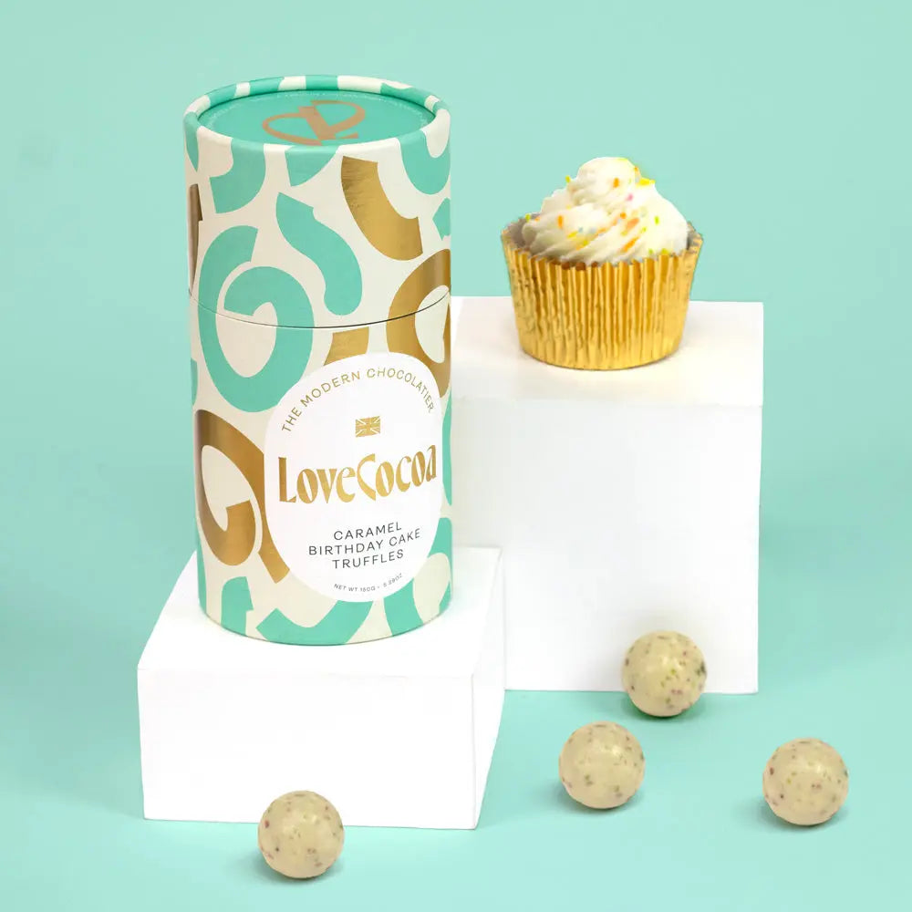 Love Cocoa Caramel Confetti Birthday Cake Truffles, truffle tube with a cupcake and truffles on a mint background
