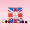 Love Cocoa British Chocolatier Selection Box, Union Jack gift box with truffles on a pink background