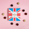 Love Cocoa British Chocolatier Selection Box, Union Jack gift box surrounded by truffles