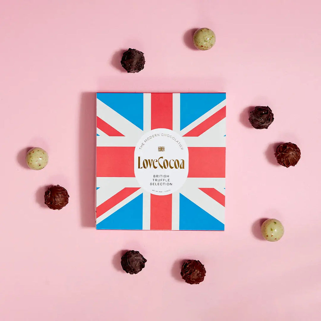 Love Cocoa British Chocolatier Selection Box, Union Jack gift box surrounded by truffles
