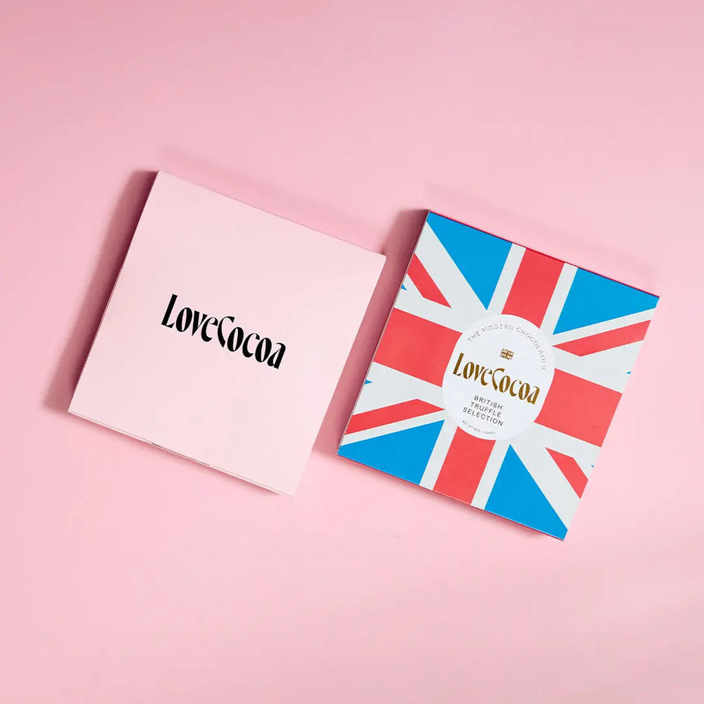 Love Cocoa British Chocolatier Selection Box, Union Jack box with its pink outer sleeve
