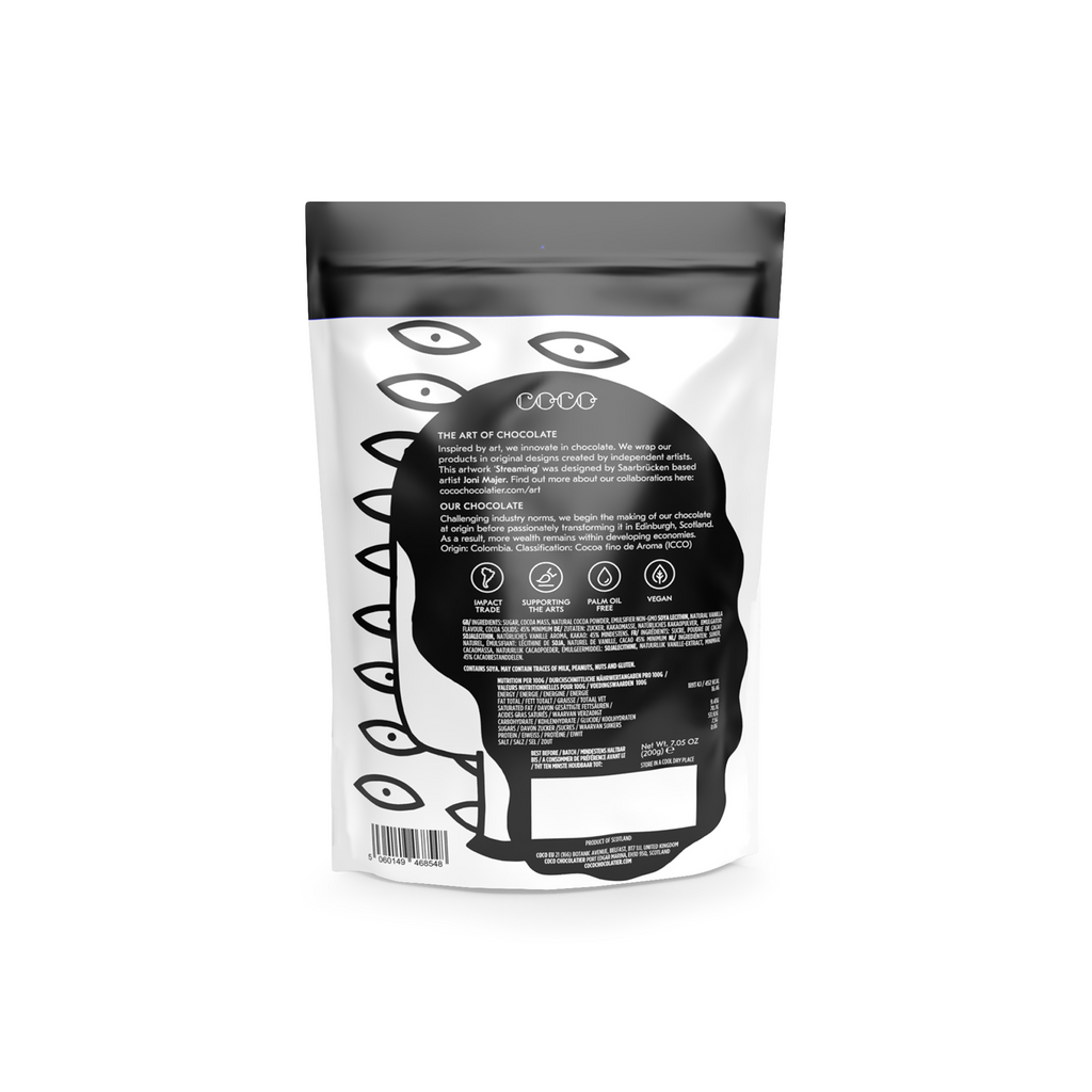 COCO Colombian Plain Drinking Chocolate 200g, back of pouch with ingredients