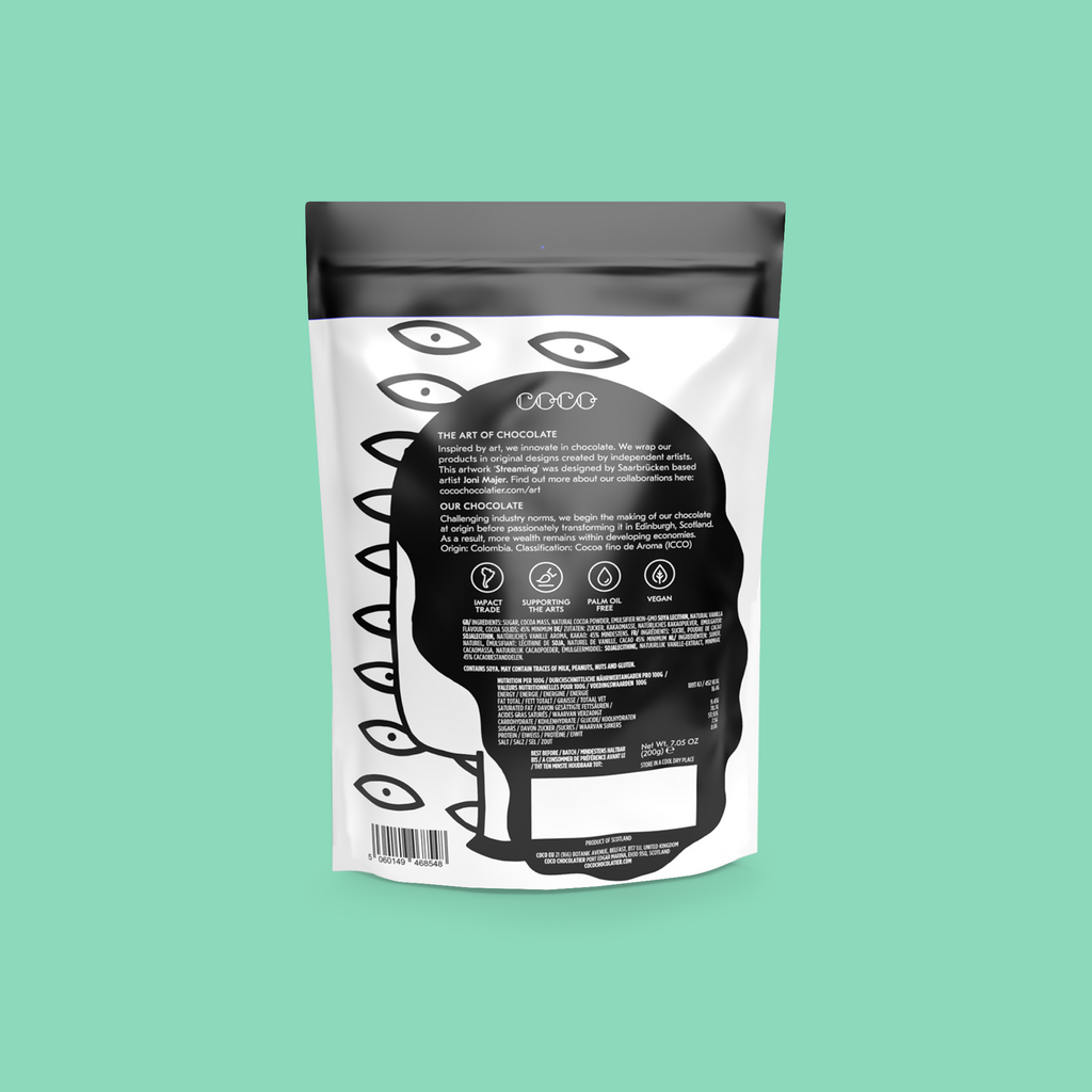 COCO Colombian Plain Drinking Chocolate 200g, back of pouch on a mint background