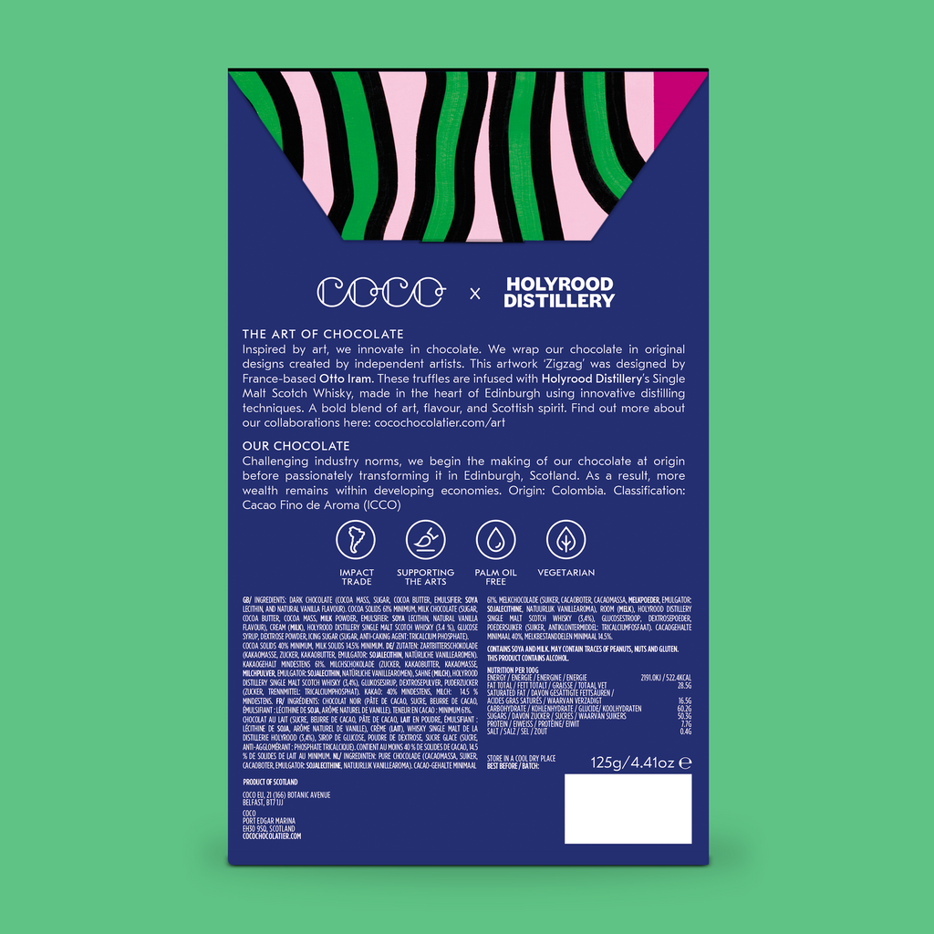 COCO Holyrood Distillery Single Malt Scotch Whisky Truffles, back of truffle box on a green background