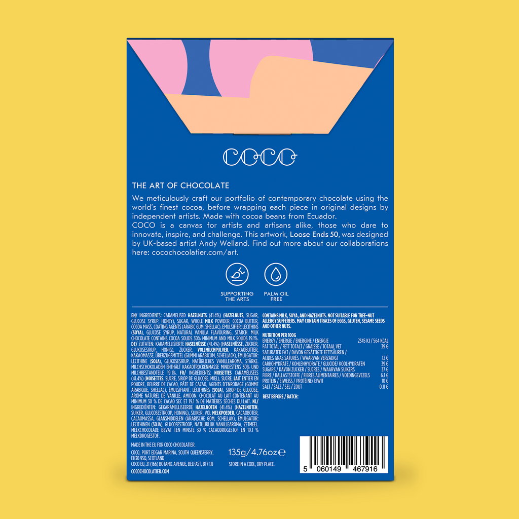 COCO Caramelised Hazelnuts in milk chocolate, back of box on a yellow background
