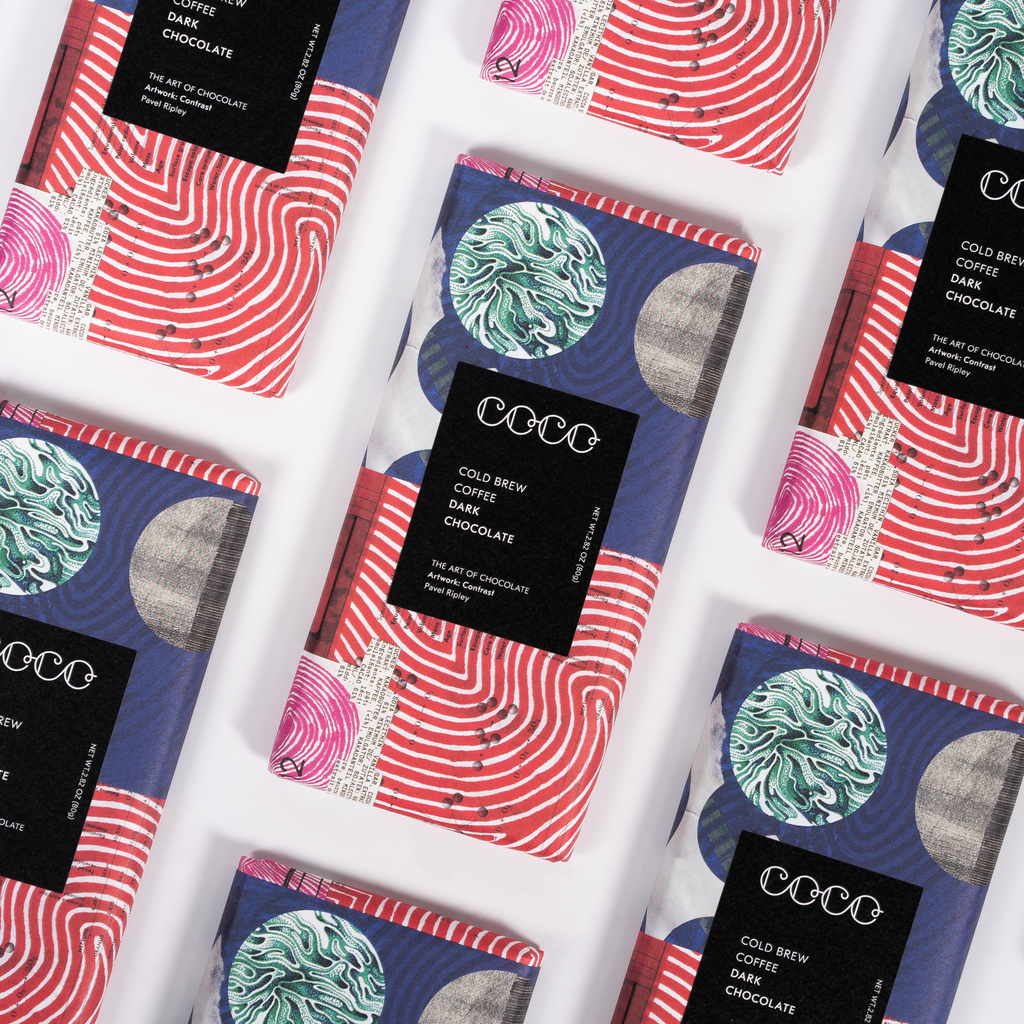 COCO Cold Brew Coffee Dark Chocolate bar, packs laid out diagonally