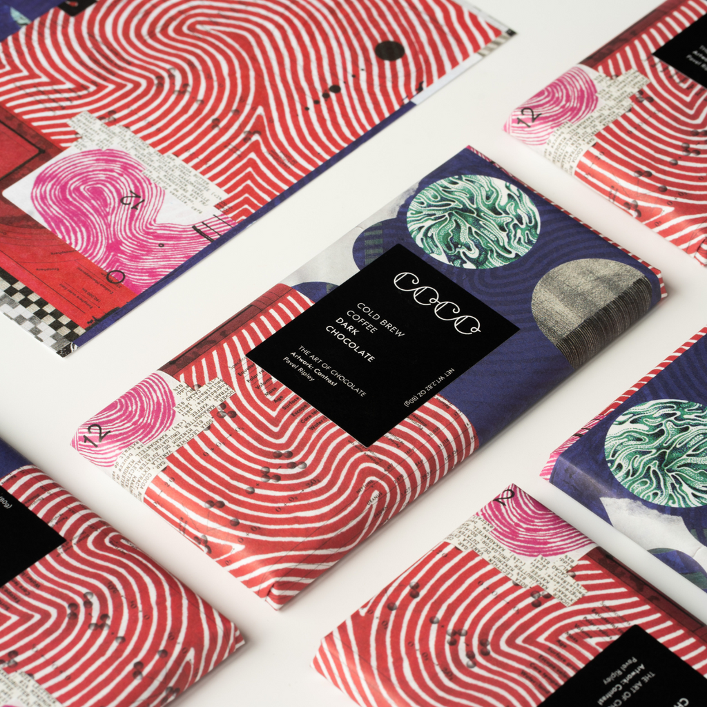COCO Cold Brew Coffee Dark Chocolate bar, close-up of packs laid out diagonally