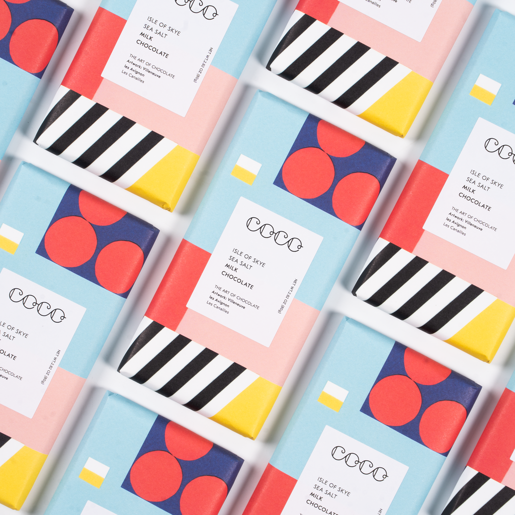 COCO Isle of Skye Sea Salt Milk Chocolate bar, close-up of packs laid out diagonally