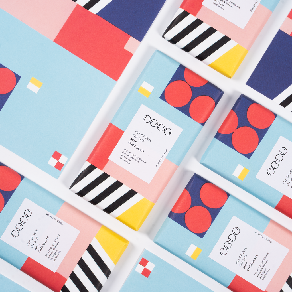 COCO Isle of Skye Sea Salt Milk Chocolate bar, packs laid out diagonally