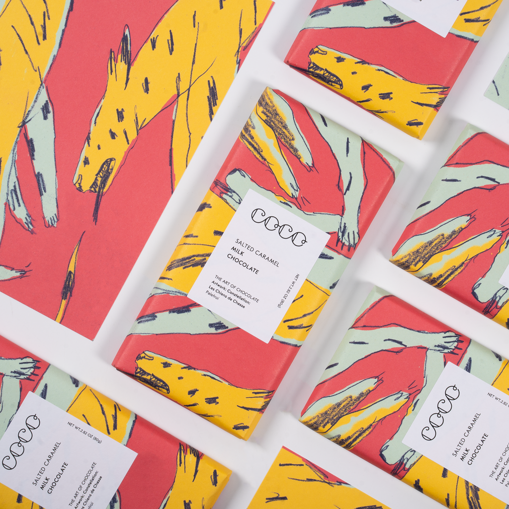 COCO Salted Caramel Milk Chocolate bar, close-up of packs laid out diagonally