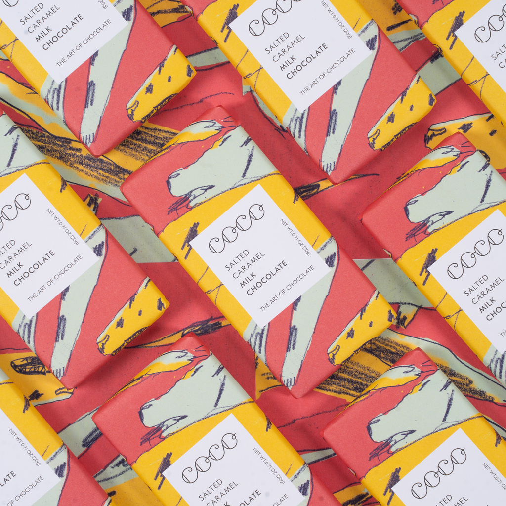 COCO Salted Caramel mini bar, packs laid out in a pattern
