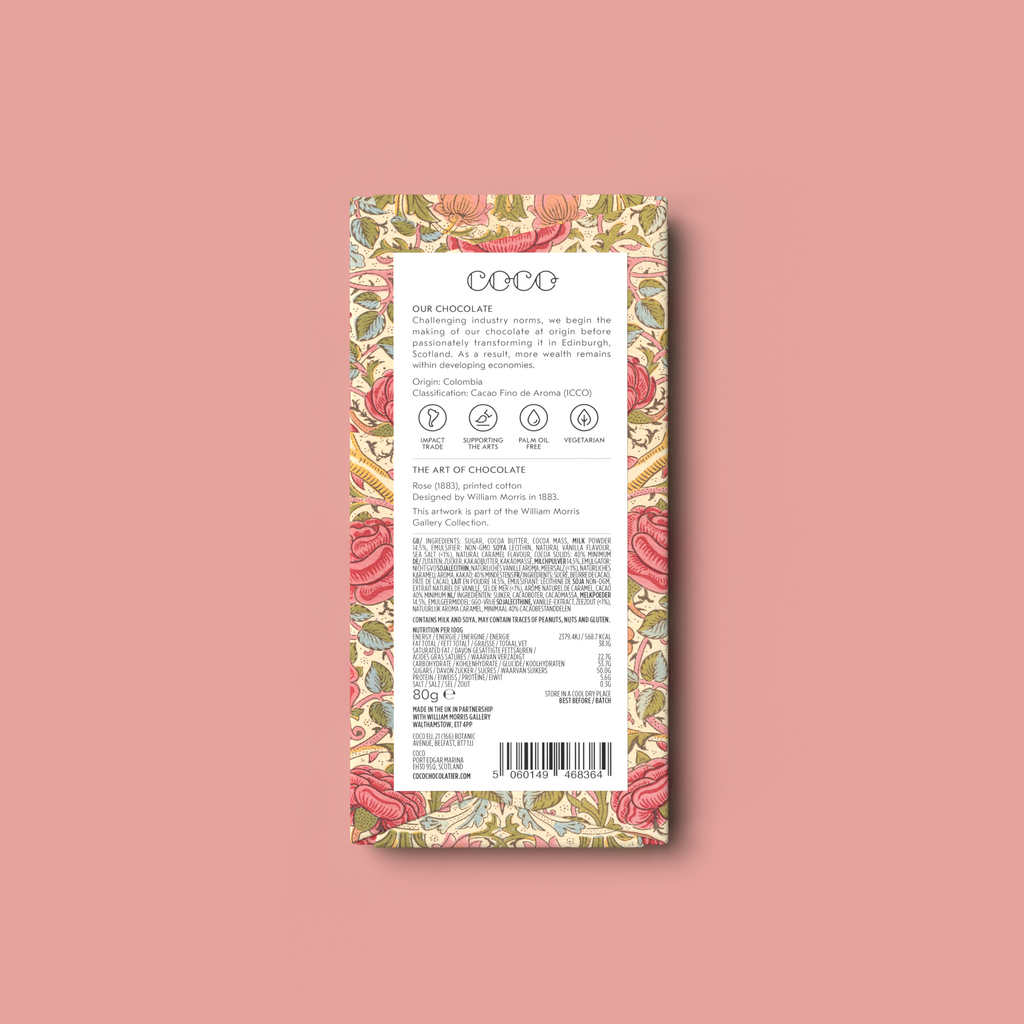 COCO Salted Caramel Milk Chocolate William Morris Limited Edition, back of pack on a pink background
