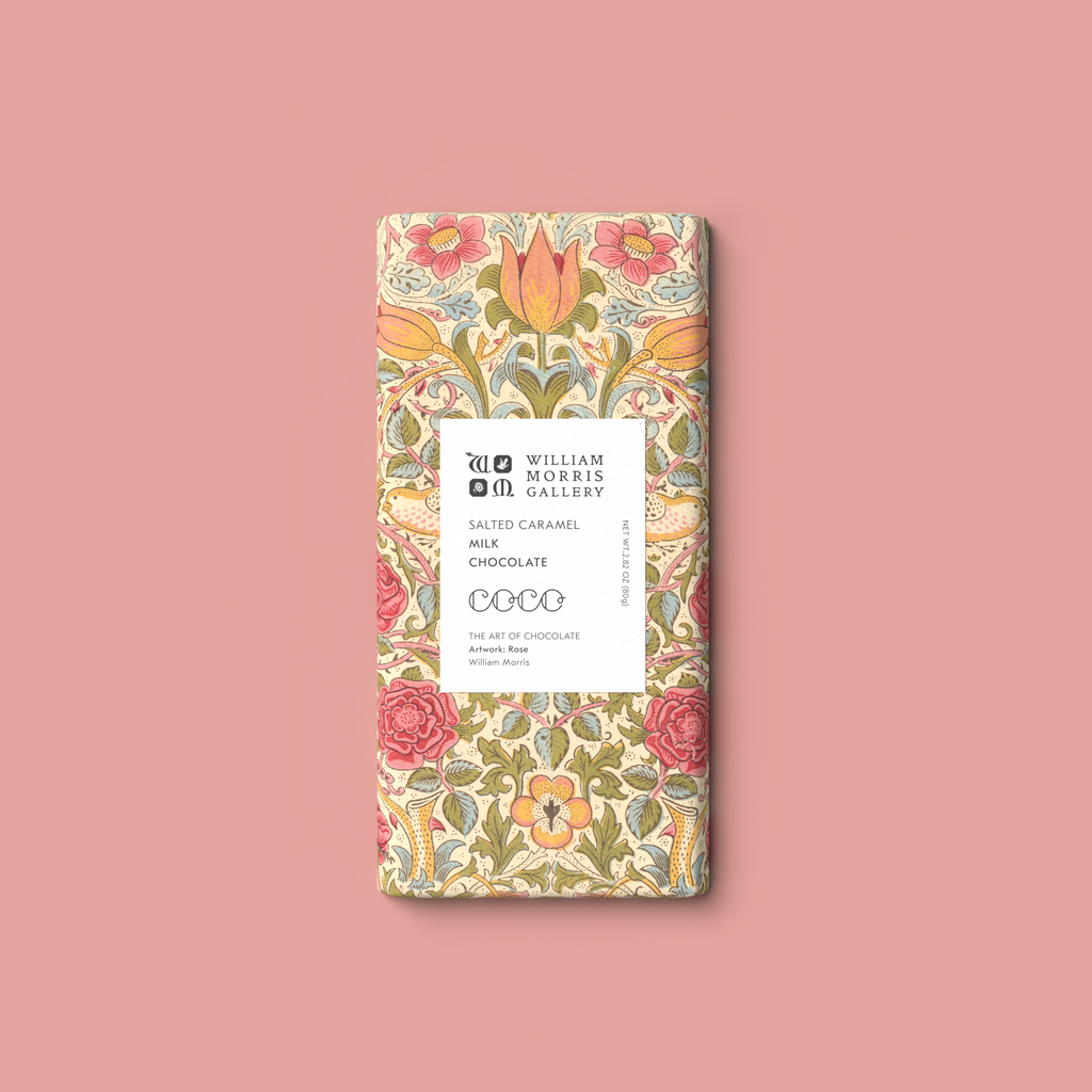 COCO Salted Caramel Milk Chocolate William Morris Limited Edition, front of pack with floral design on a pink background
