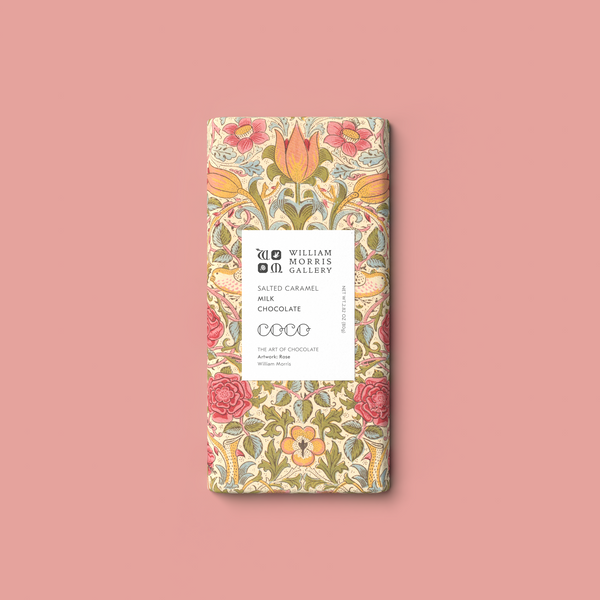 COCO Salted Caramel Milk Chocolate William Morris Limited Edition, front of pack with floral design on a pink background