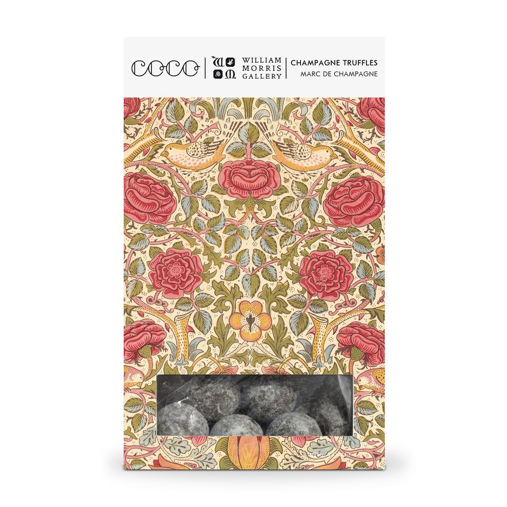 COCO William Morris Marc de Champagne Truffles, front of gift box with truffle window