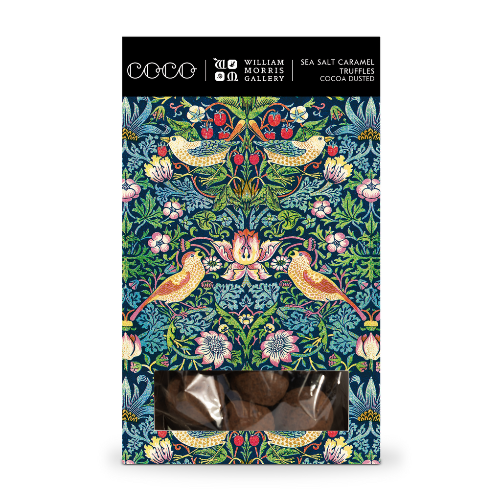 COCO William Morris Sea Salt Caramel Truffles, front of William Morris strawberry thief box