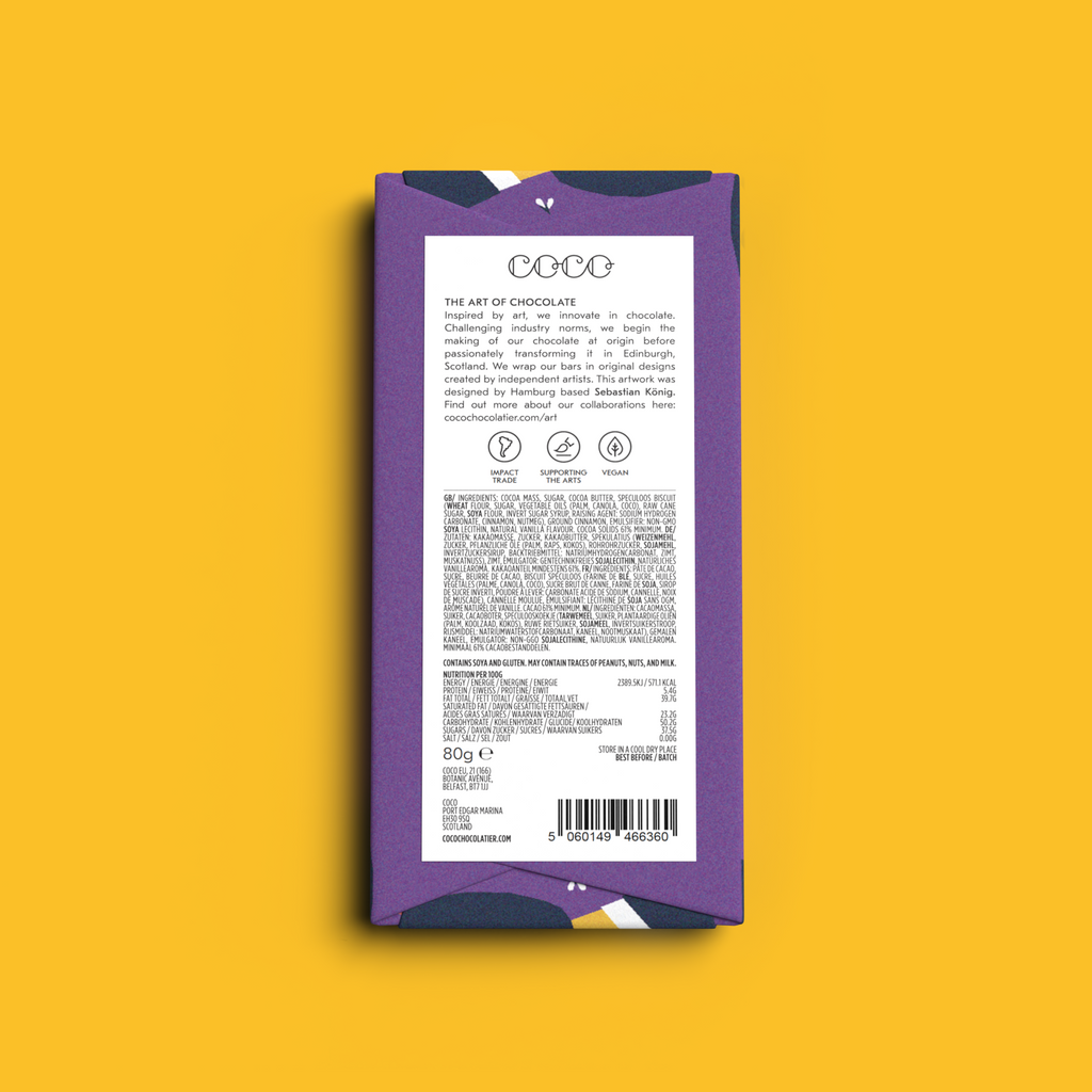 COCO Cinnamon Roll Dark Chocolate bar, back of pack on a yellow background
