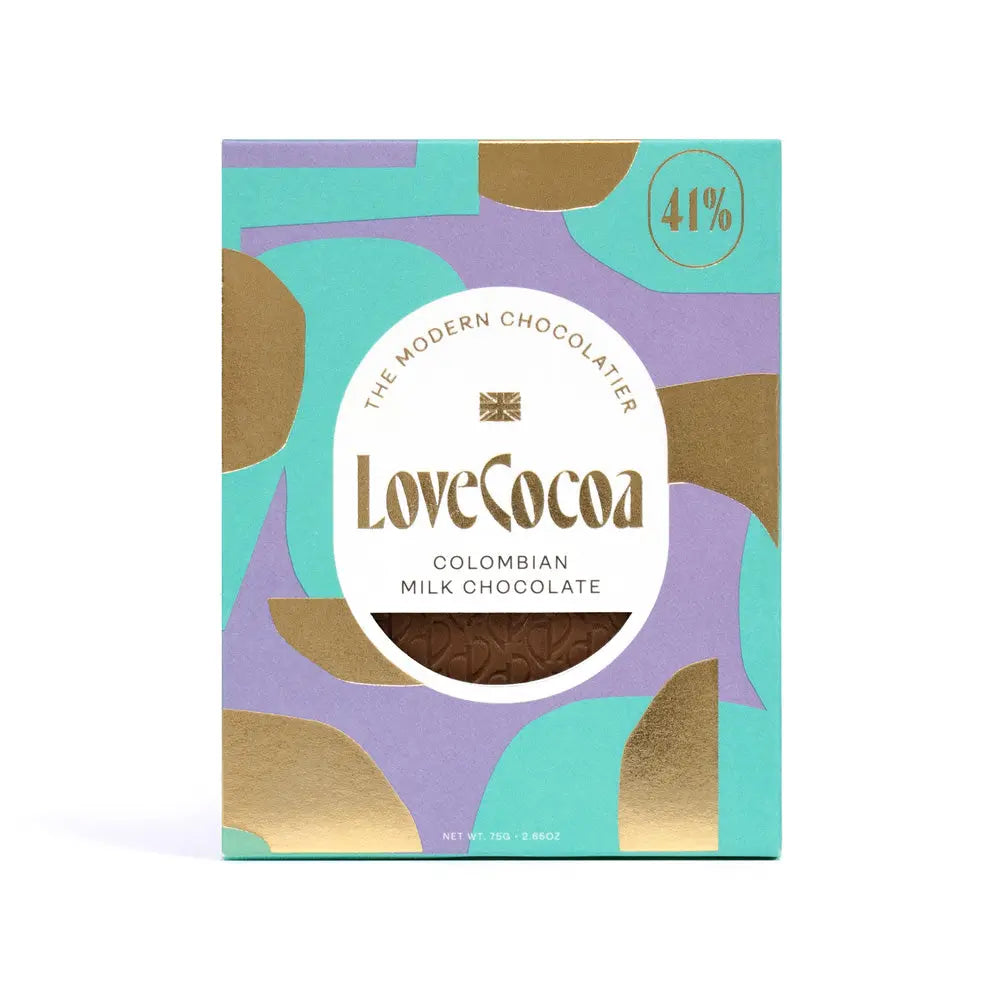Love Cocoa Colombian Single Origin 41% Milk Chocolate Bar, front of pack