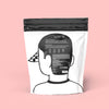 COCO Isle of Skye Salted Caramel Drinking Chocolate 1kg, back of pouch on a pink background