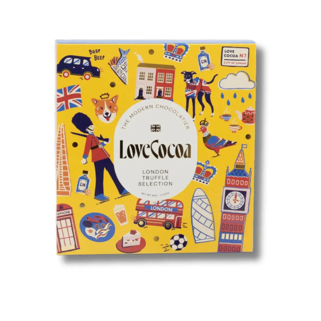 Love Cocoa London Petite Truffle Selection Box, front of illustrated London gift box