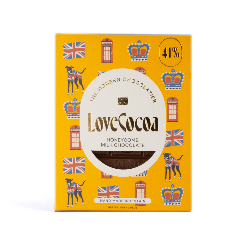 Love Cocoa London Edition British Honeycomb 41% Milk Chocolate Bar, front of pack with British icons design