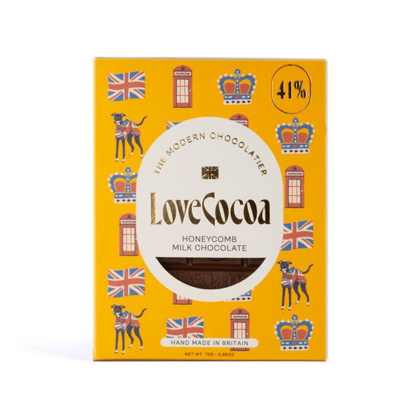 Love Cocoa London Edition British Honeycomb 41% Milk Chocolate Bar, front of pack with British icons design