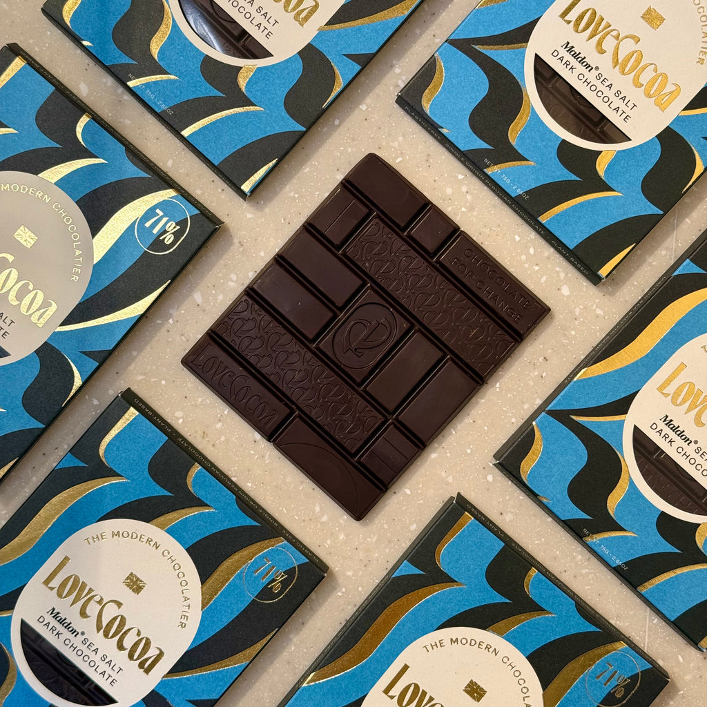 Love Cocoa Maldon Sea Salt Dark Chocolate Bar, unwrapped bar on a stack of packs