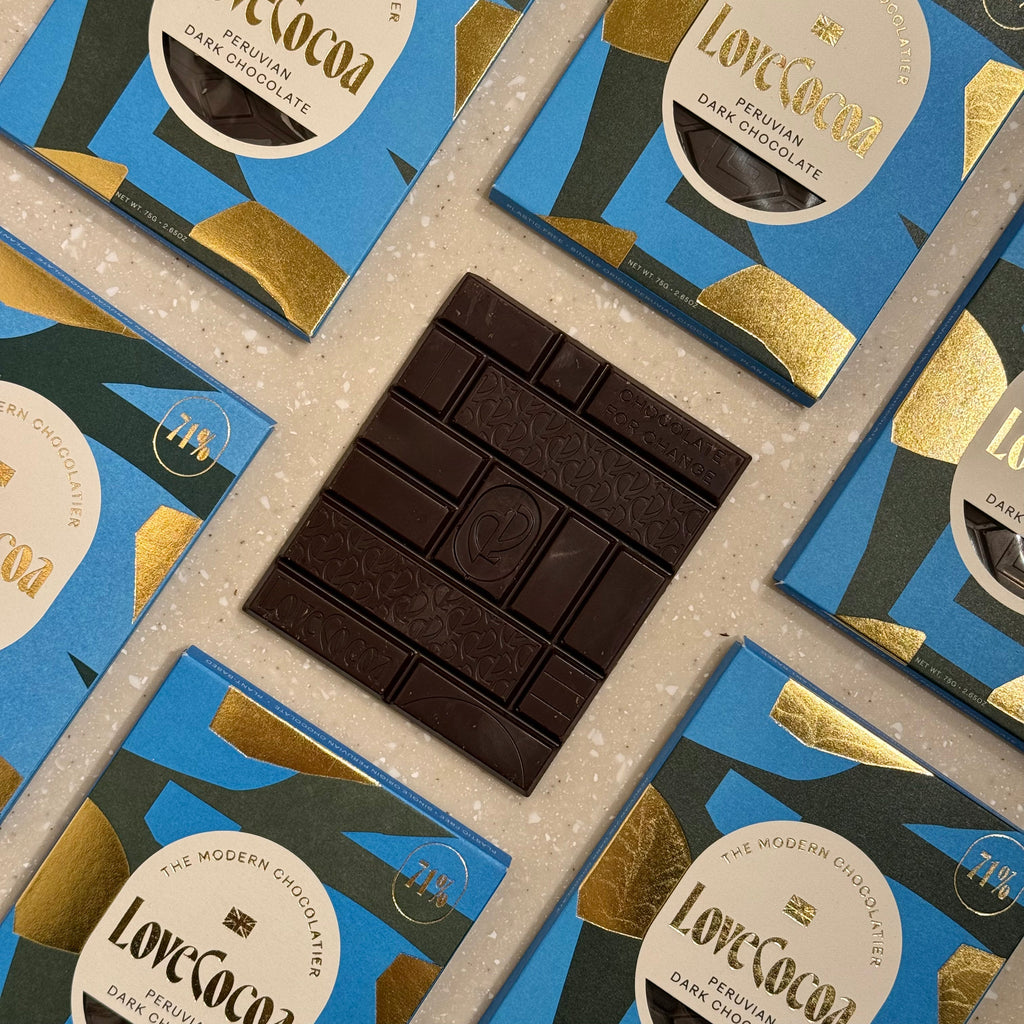 Love Cocoa Peruvian Dark Chocolate Bar, unwrapped dark bar on a stack of packs