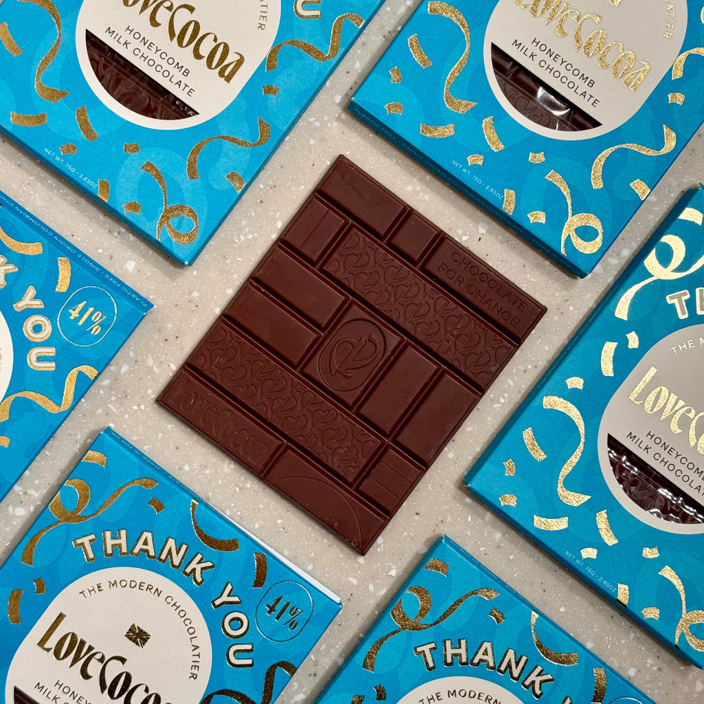 Love Cocoa Thank You Honeycomb Milk Chocolate Bar, unwrapped bar on a stack of Thank You packs