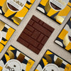 Love Cocoa Salted Caramel 41% Milk Chocolate Bar, unwrapped milk chocolate bar on a stack of packs