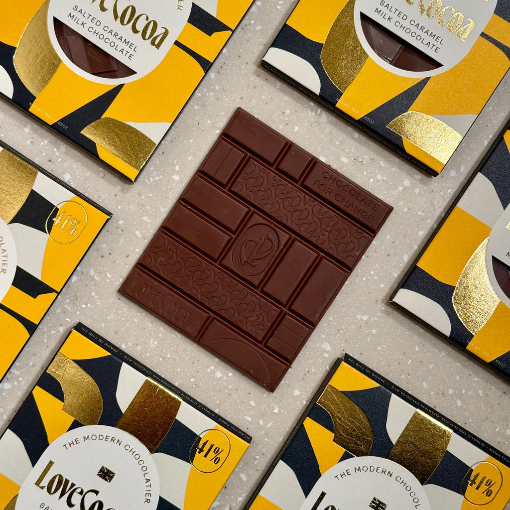 Love Cocoa Salted Caramel 41% Milk Chocolate Bar, unwrapped milk chocolate bar on a stack of packs