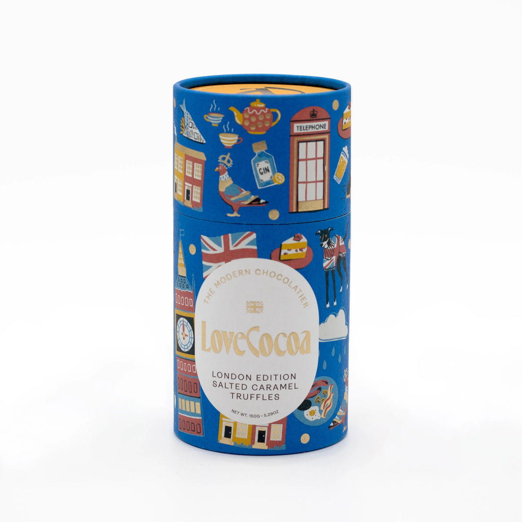 Love Cocoa London Edition Salted Caramel Truffles tube, front of illustrated London truffle tube